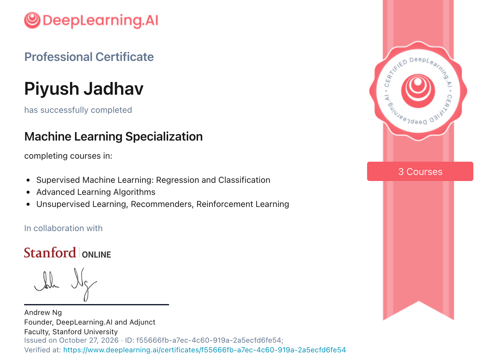 Machine Learning Specialization certificate